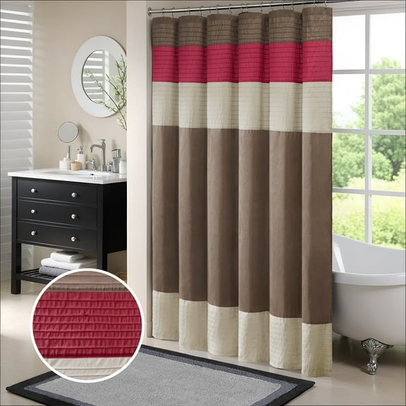 Madison Park Red Faux Silk Shower Curtain, Striped Lightweight Bath Curtain Decor, Brown Curtain for Bathroom, 72"x72"
