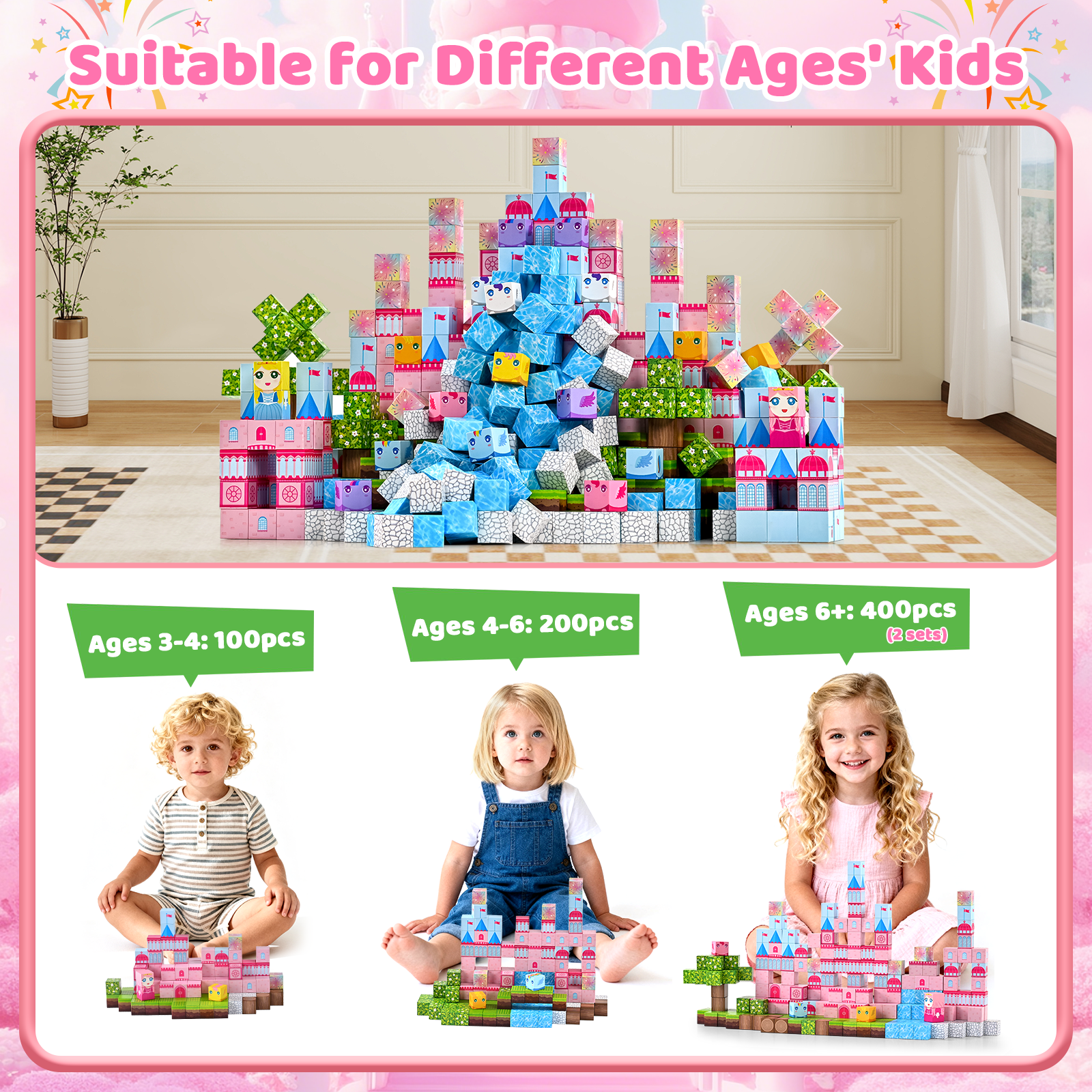RaceGT Magnetic Blocks Building Set, 100 Pieces, Pink Castle photo 2