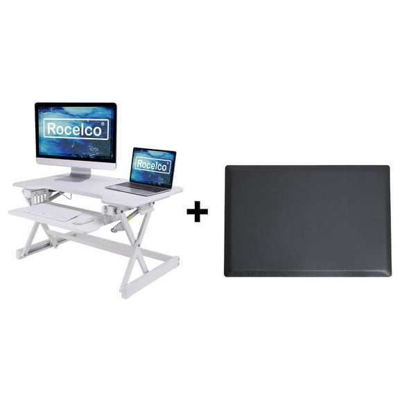 Rocelco 32 "Convertisseur de bureau debout réglable en hauteur BUNDLE - Support de poste de travail pour ordinateur assis-debout avec tapis anti-fatigue - Ressort à gaz pour plateau de clavier rétract