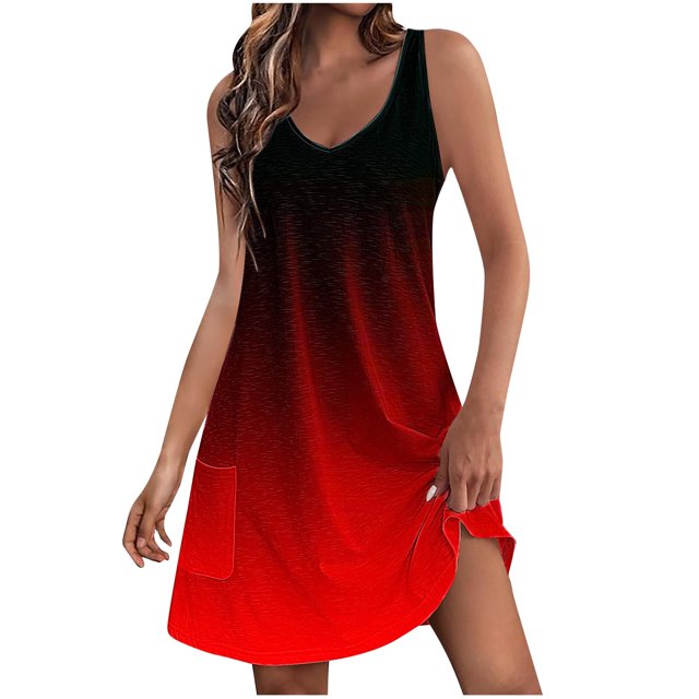 Staron Robe Rouge Femme Ample Col en V Dégradé Fluide Ligne A Mini Robes Sans Manches Plage Vacances Maillot de Bain avec Poches Robe d'Été S
