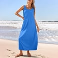 thumbnail image 2 of Women's Long Boho Sundress Round Neck Sleeveless Floral Print Maxi Dress Loose Fit Beach Cover-Up with Side Pockets for Resort Vacations,Blue M, 2 of 5