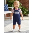 thumbnail image 6 of Loicainy Baby Toddler Boy Girl 4th of July Overalls Outfit 3 6 12 18 Months Patriotic Short Sleeve Striped Romper with Flag Embroidery Pants 2Pcs Clothes Set, 6 of 9