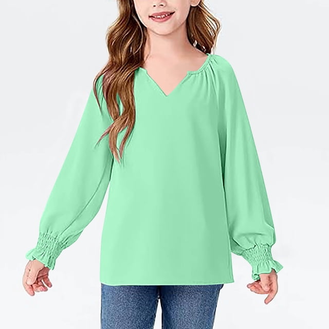 Cowsor Girls' Puff Sleeve V-Neck Top – Solid Color, Loose & Stylish (6-16Y)