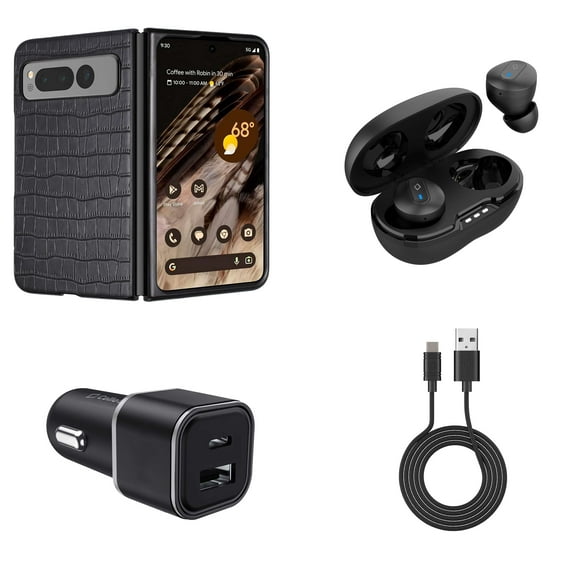 Premium Accessories for Google Pixel Fold - PU Leather Snap-On Phone Case (Black), Wireless Earbuds, 30W Dual (USB-C, USB-A) Car Charger, Type-C to USB Cable