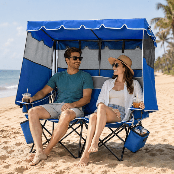 PNKKODW Oversized Double Camping Chair with Canopy Three Sides Sunshade Chair for Adults 2 Cooler Bags Cup Holders 660 lbs Capacity Heavy Duty Folding Chair for Camping Beach Fishing Outdoor Blue Gra