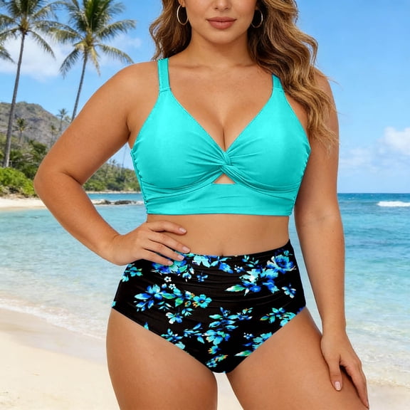 Womens Plus Size Two Piece Swimsuits - Women High Waisted Tankini Swimsuits Tummy Control Bathing Suits Knot Twist Swimwear 2026(Sky Blue,XXXL)