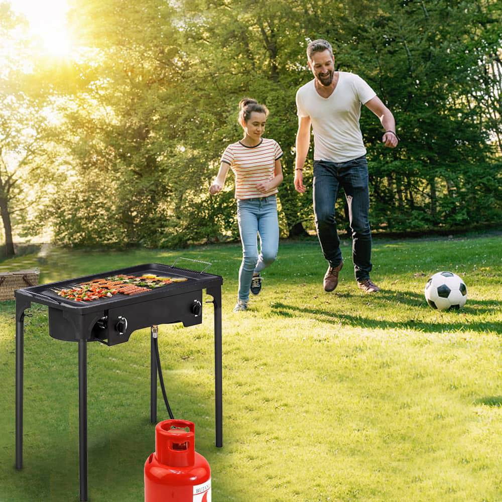 Spaco 150000-BTU Outdoor Camp Stove, Rectangular High Pressure Propane Gas Cooker, Portable Cast Iron Cooking Burner, Stove for Outdoor as Patio, Picnic, Backyard, Black