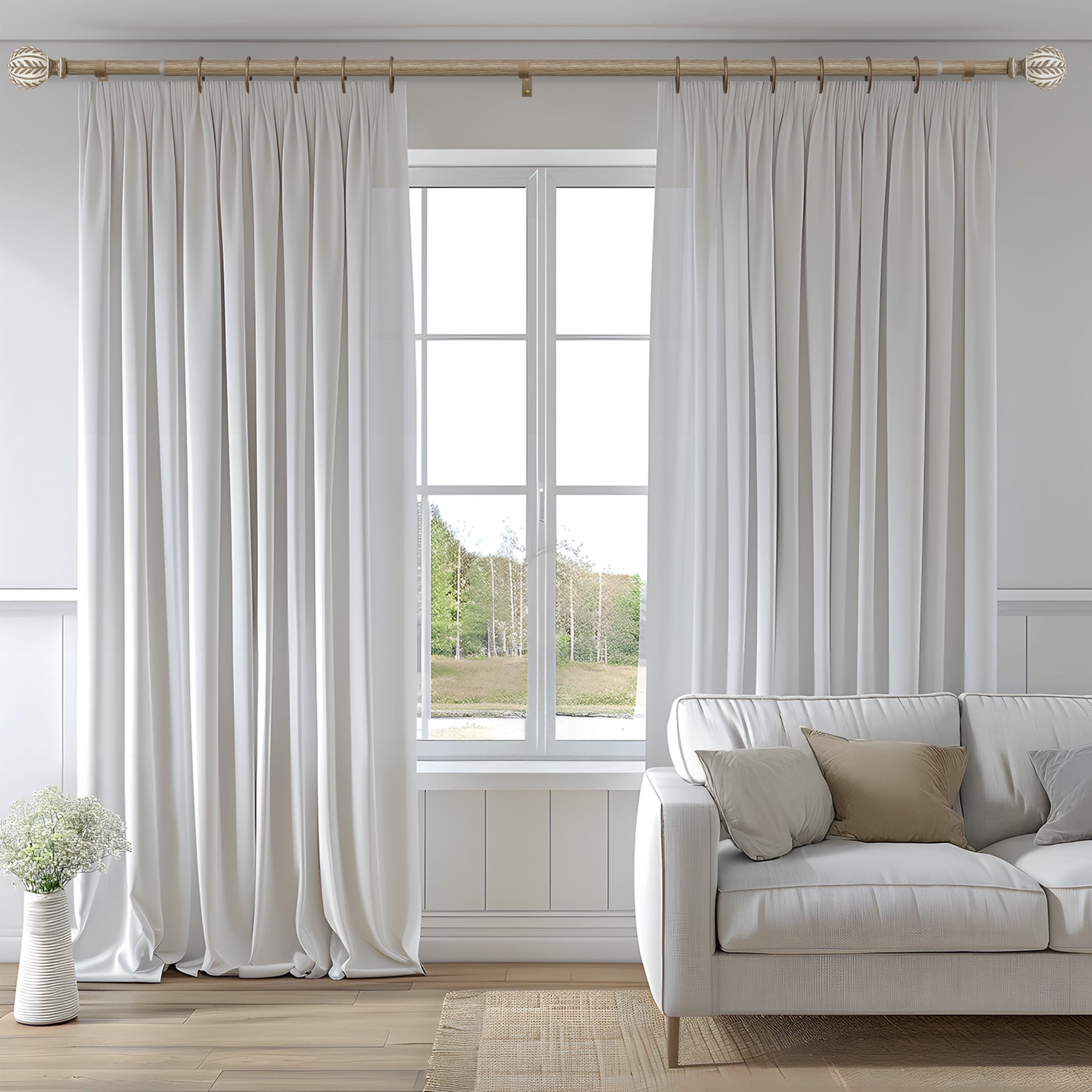Yokila Farmhouse White And Brown Curtain Rods for Windows 18 to 60 Inches Adjustable Length Heavy Duty 1" Diameter Single Window Curtain Rod with Decorative Finials for Bedroom Living Room Kitchen