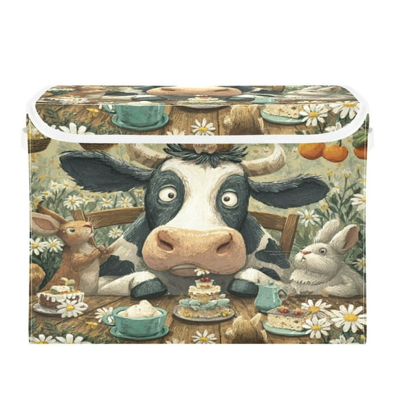 Large Collapsible Storage Box Flip Lid Fabric Decorative Organizer Container Basket with Handles 16.5×12.6×11.8in Cute Cow and Rabbits