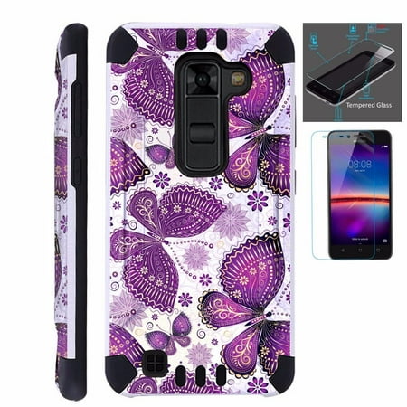Phones Cases For Metro Pcs For LG Stylo 2 Plus MS550 (Metro PCS / T-Mobile Only) Case + Tempered Glass Screen Protector / Slim Dual Layer Brushed Texture Armor Hybrid TPU KomBatGuard Phone Cover (Purple Butterfly) ()