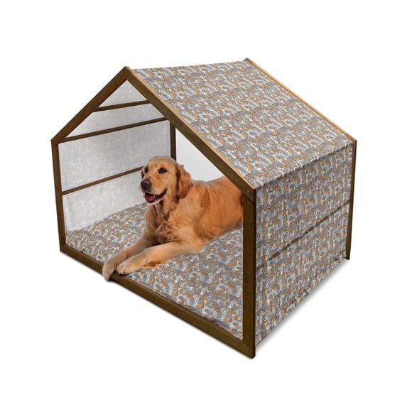 Vintage Pet House, Paisley Inspired Swirls Curls Floral Abstract Botanical Oriental, Outdoor & Indoor Portable Dog Kennel with Pillow and Cover, 5 Sizes, Orange Pale Blue Cream, by Ambesonne