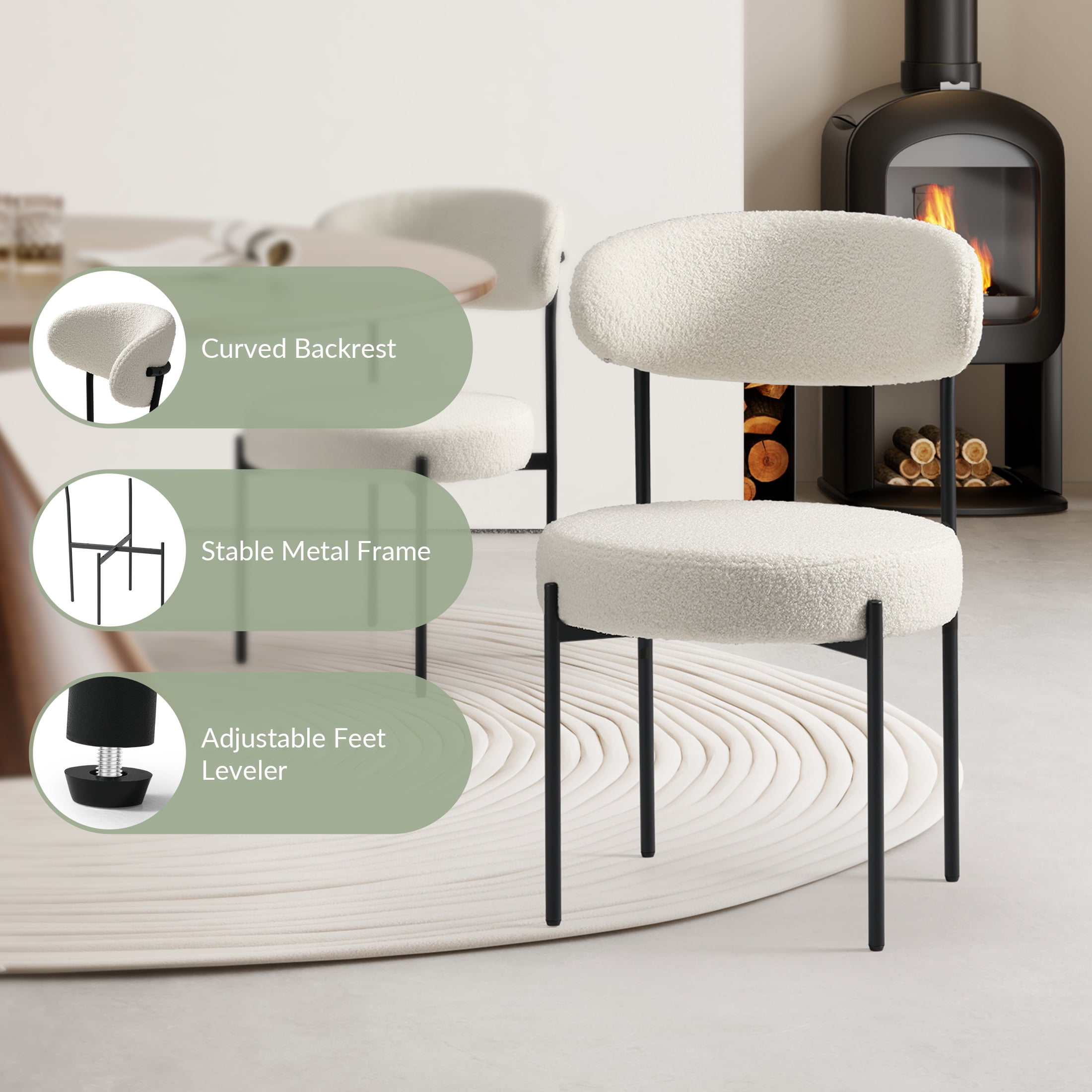WestinTrends Alexandria Mid-Century Modern Upholstered Sherpa Round Dining Chairs (Set of 6), Cream
