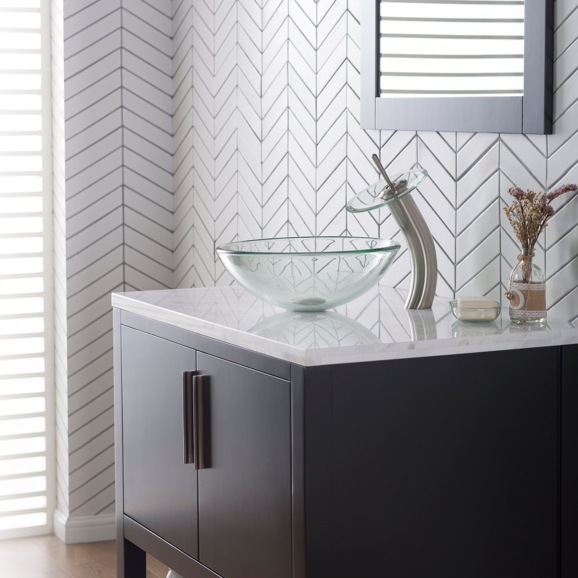 KRAUS Tall Waterfall Bathroom Faucet for Vessel Sink with Clear Glass Disk, Satin Nickel Finish