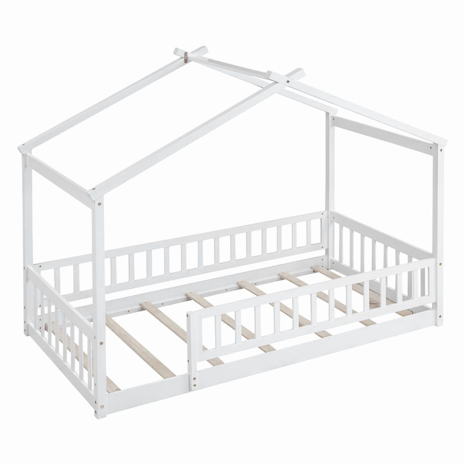 Twin Size Wood House Bed Floor Bed with Fence and Guardrails, Kids Playhouse Bed Toddler Bed Montessori Bed for Kids Boys Girls, No Box Spring Needed