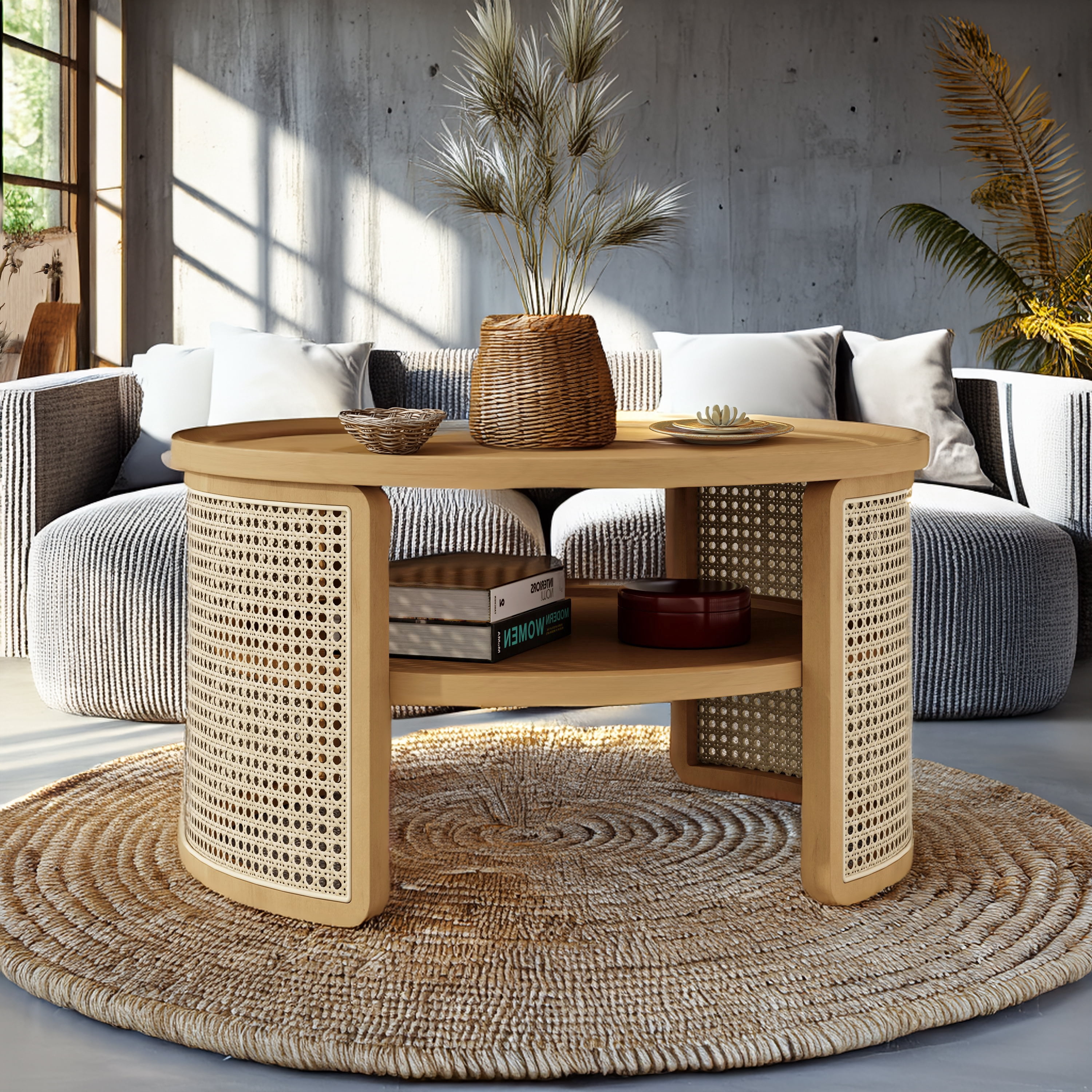 Euroco 2-Tiered Round Natural Wood Coffee Table with Storage Rattan Base in 31.3''