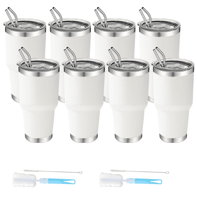 Paquete de 8 vasos térmicos de acero inoxidable de gran capacidad de 30 oz, diseño de doble pared al vacío para un aislamiento térmico duradero (frío y calor), material apto para alimentos,,blanco