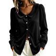 thumbnail image 3 of VJGBEGW Women Velvet Peter Pan Collar Button Down Blouses Long Sleeve oft Velour Shirts Loose Fit Dressy Casual Tops Black L, 3 of 7