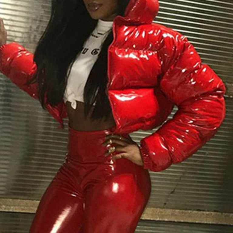 Red puffer cheap jacket shiny