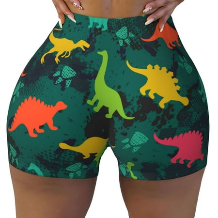 Workout Shorts Women  Colorful Dinosaurs Biker Shorts for Women Running Gym Spandex Shorts Tummy Control