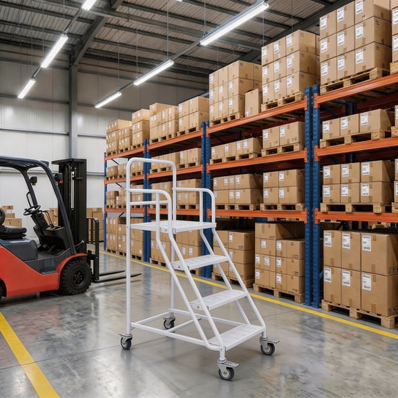 880LBs Load Capacity 4 Steps Rolling Ladder, Rolling Stairs, Steel Industrial Platform Ladders with Locking Wheels for Commercial Warehouse