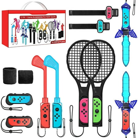 Switch Sports Accessories Bundle Set , 12-in-1 Family Party Pack Game Accessories Kit for Nintendo Switch OLED Sports Games with Tennis Rackets, Golf Clubs ,Sword and Wrist Strap