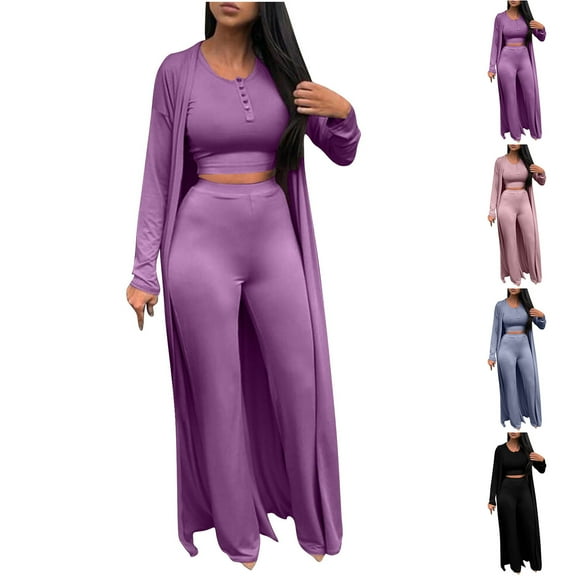 YHAJDS Women Casual Outfit Set,2 Piece Sets for Women Solid Color Crew Neck Long Sleeve Shirt Jacket with Wide Leg Pants Casual Muslim Womens Sets