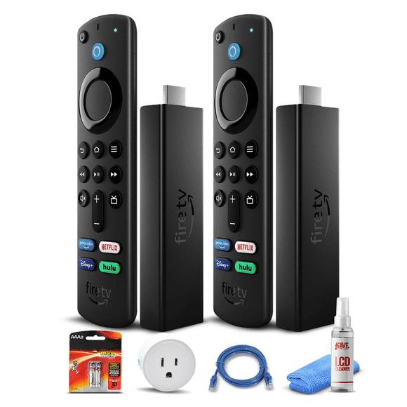 (2) Amazon Fire TV Stick 4K Lecteur Multimédia en Streaming avec Alexa (Version 2021) + Prise Intelligente WiFi + Câble Ethernet + 2x Piles AAA + Nettoyeur LCD