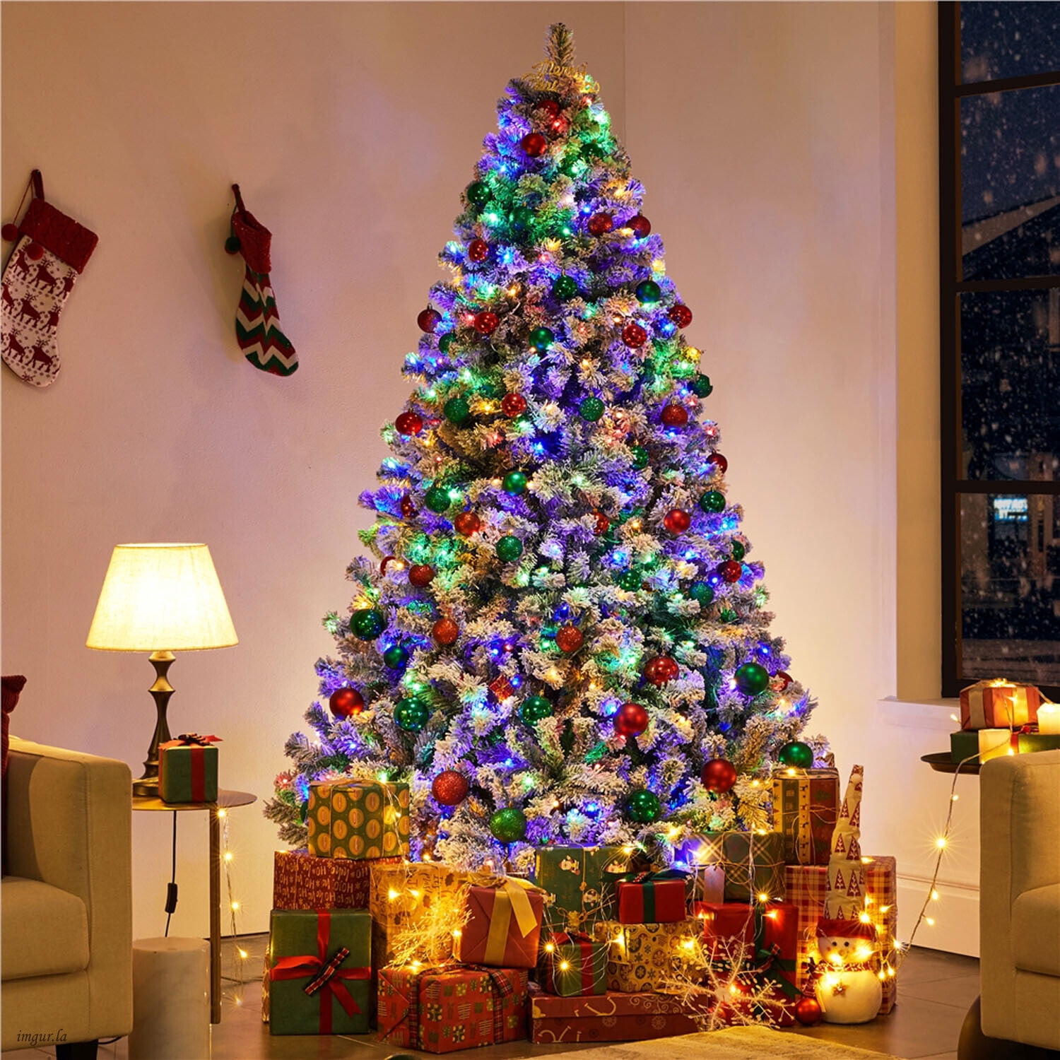 Alden Design 7.5FT Artificial Hinged Fir Pre-lit Flocked Christmas Tree with Foldable Stand and LED Lights,Green & White