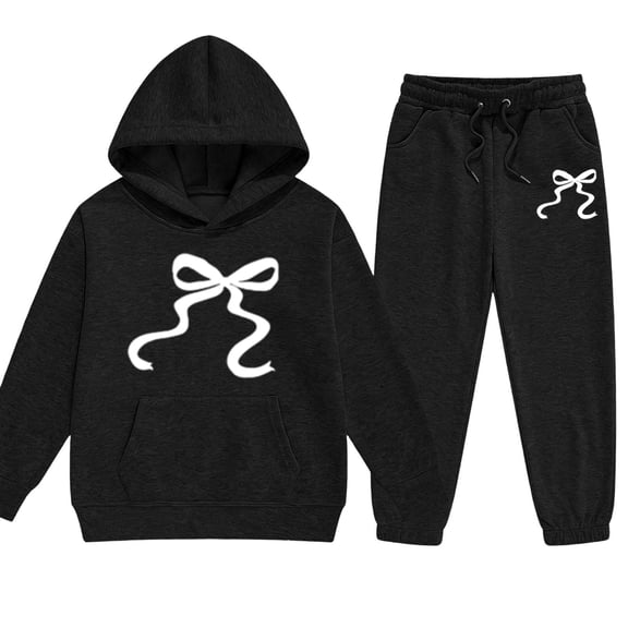 Glisme Girls Outfit Set Bowtie Print Long Sleeve Hooded Tees With Pants Set Loose Fit Girls Outfit Size 2-3 Years Black