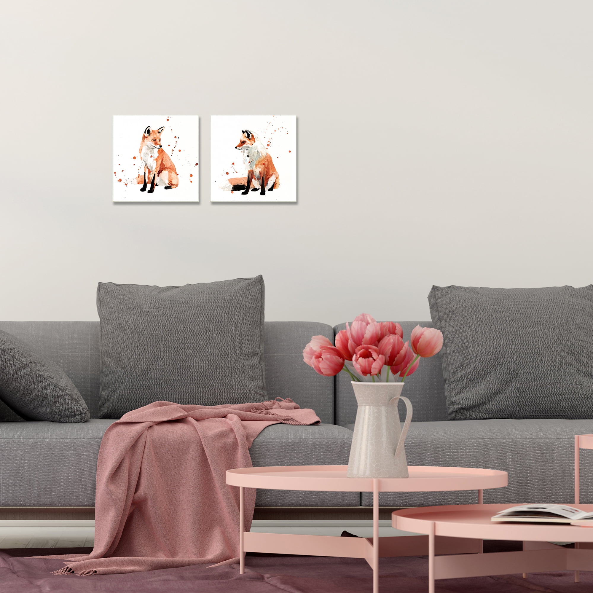 Stupell Industries Sitting Fox Orange Watercolor Animal Paintings Wall Plaque by Victoria Borges, 2 Piece, 12" x 12", Wall Plaque