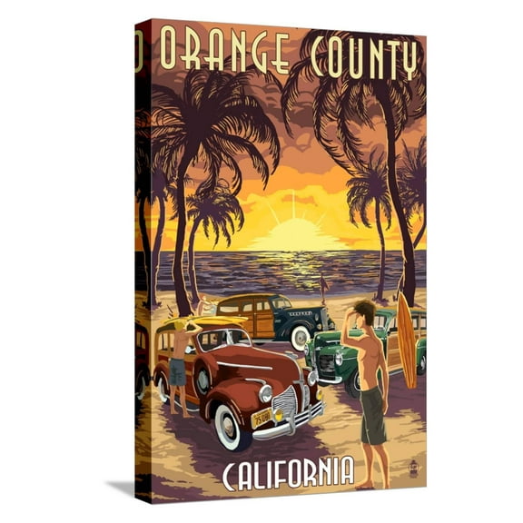 Art.com Orange County, California - Woodies and Sunset Stretched Canvas Print Wall Art by Lantern Press, 12" x 18"