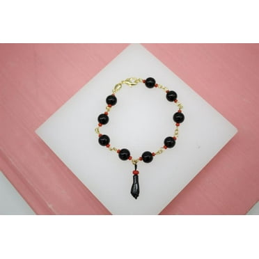 18K Gold Filled 7mm Azabache Bead Chain Bracelet With Protection Charm (I86)