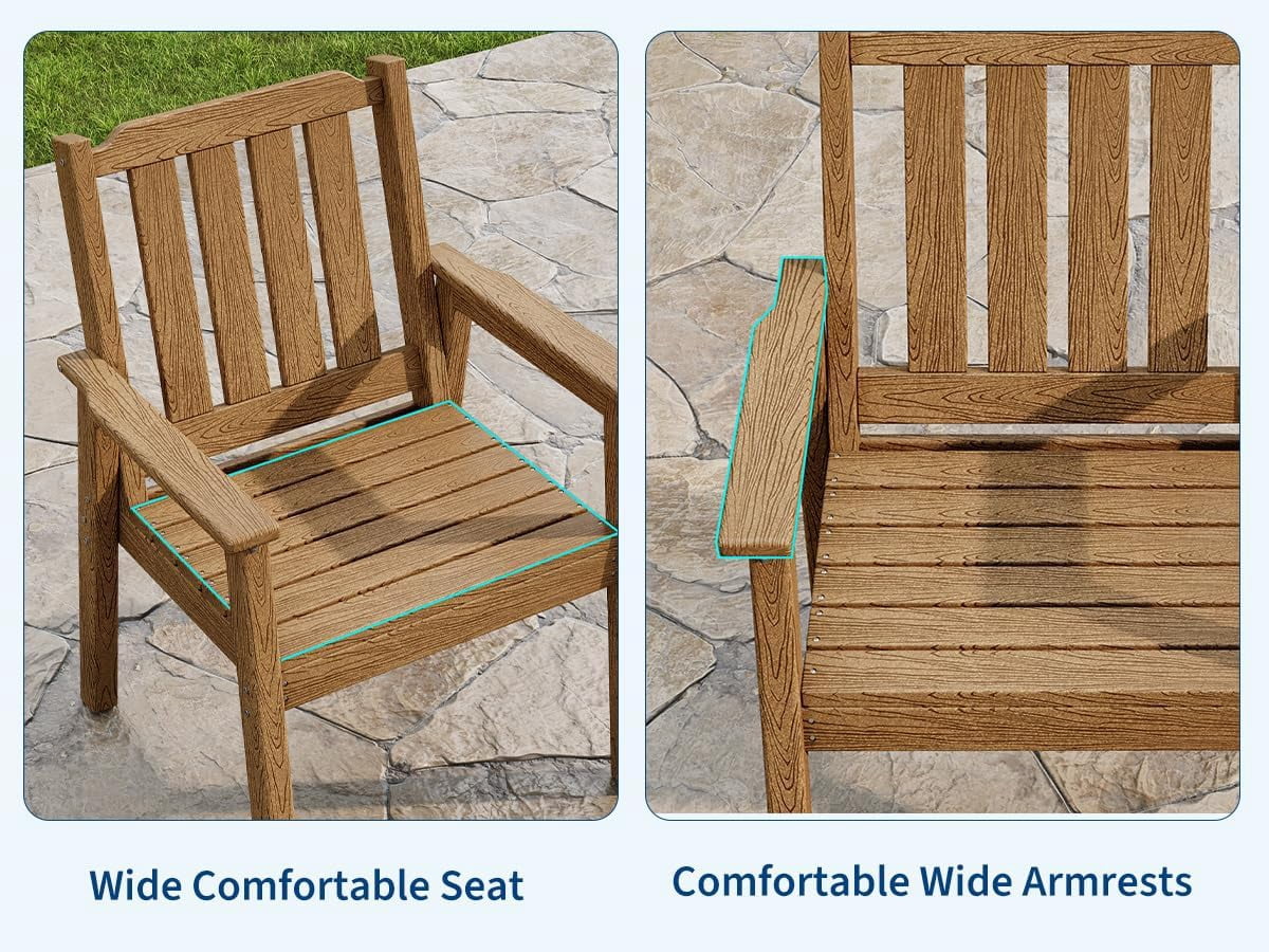 EliteEdge Set of 2 23.9" Wide HDPE Patio Dining Chairs, 650LBS Capacity All-Weather Armchairs with Slatted Seat, Heavy Duty Modern for Garden, Poolside, Deck,Brown