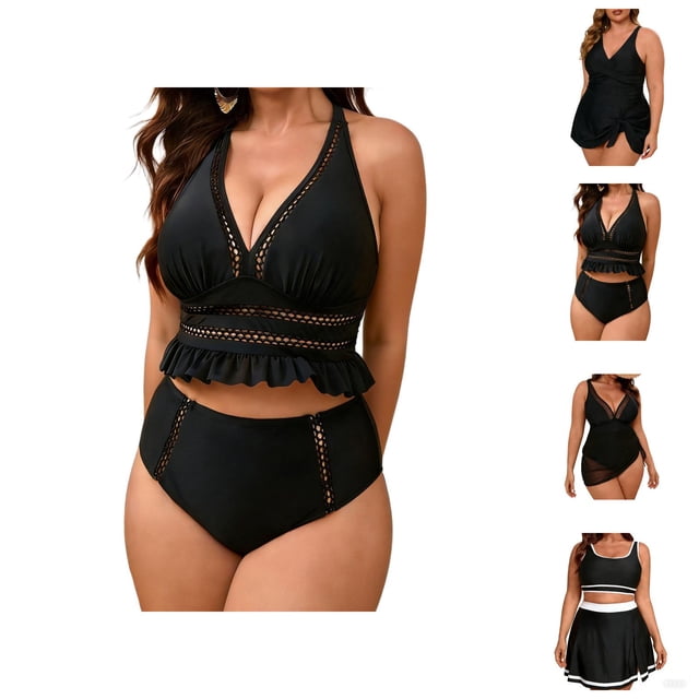 Womens Swimsuits Tankini Plus Size Deep V Neck Slimming Tummy Control Swim Dress with Bottom Two Piece Bathing Suits Woman