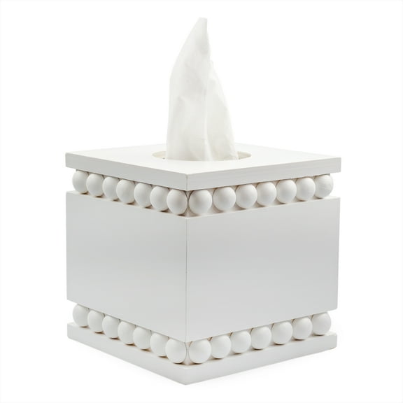 AuldHome Design Beaded Square Tissue Box Cover (White); Rustic Farmhouse Wood Tissue Holder