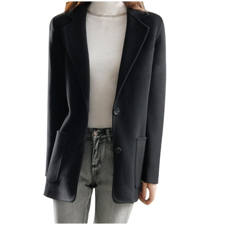 YUGYXL Casual Blazer Jacket for Women Soft Woolen Long Sleeve Professional Suit Jackets Notch Lapel Work Office Blazers Winter Solid Open Front Cardigan Gift for Wife Black,M