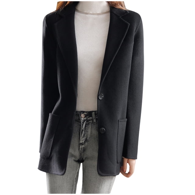 Pompotops Women Business Attire Solid Color Pocket Button Long Sleeve Cardigan Top Jacket Coat Clearance