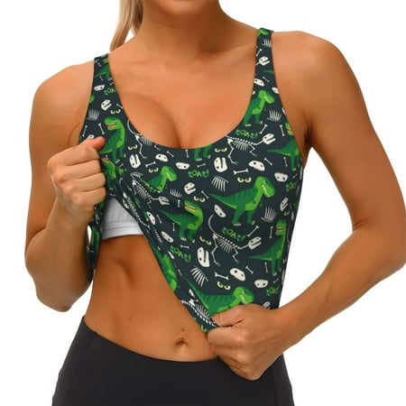 Qokaie Dinosaur and Bone Pattern Womens Scoop Neck Sports Bra Breathable Workout Vest Padded U Back Medium Impact Fitness Gym Yoga Bra Workout Crop Top
