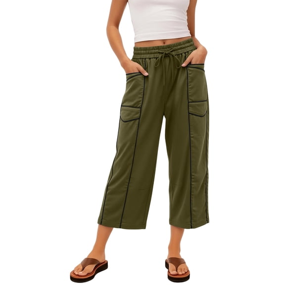 ZHYou No Boundarie Womens Wide Leg Capri Pants High Waisted Drawstring Elastic Waist with Pockets Contrast Stripe Loose Fit Casual Summer Cropped Trousers Army Green Size XL
