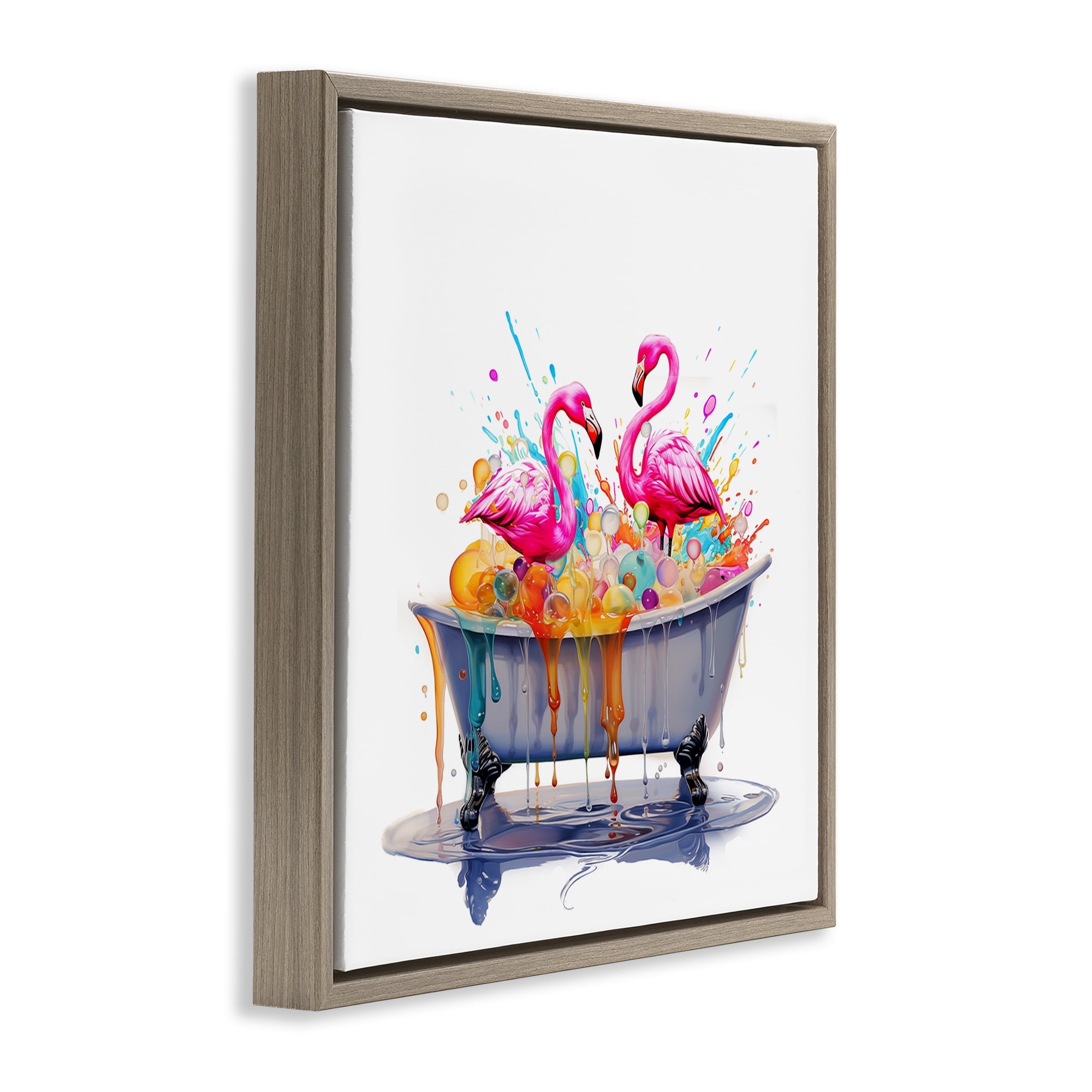 Stupell Industries Flamingo Bubble Bath Typography Painting Brown Floater Framed Canvas Art Print Wall Art, 18 x 18