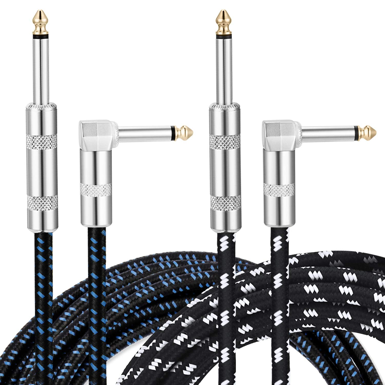 Donner 2 Pack Guitar Cables 10 Feet AMP Cord for Instrument Electric Guitar Bass High Sound Quality Braided Cover 1/4” TS Right Angle to Straight Metal Connectors Black/White and Black/Blue 