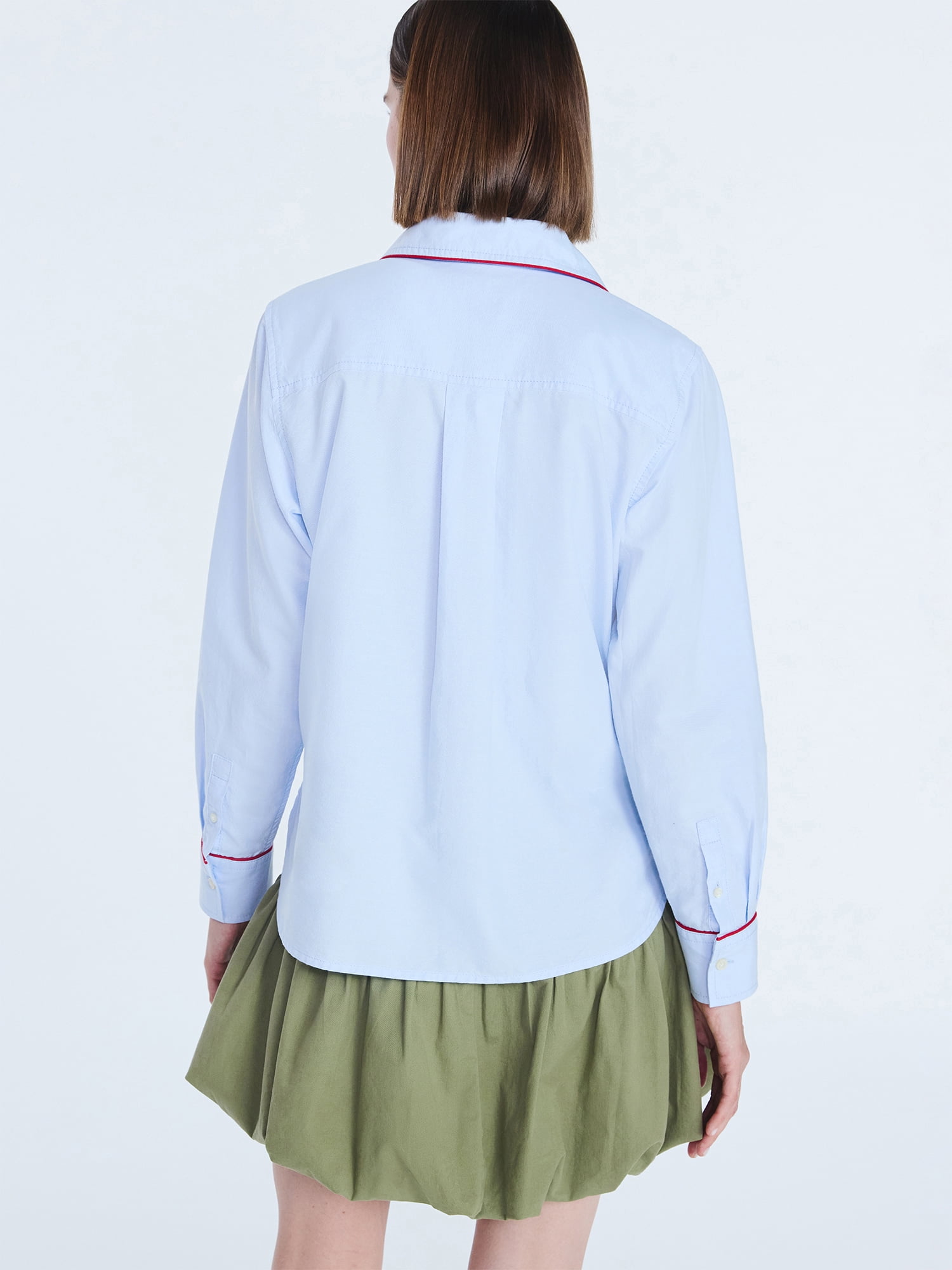 Free Assembly Women's Contrast Piped Cotton Shirt with Long Sleeves, Sizes XS-XXL