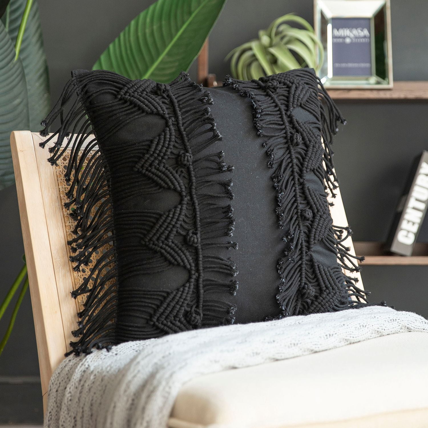 Phantoscope 100% Cotton Handmade Crochet Boho Throw Pillows with Tassels and Woven Knot Design, 18 x 18 in Square Cushions, Black, 2 Pack