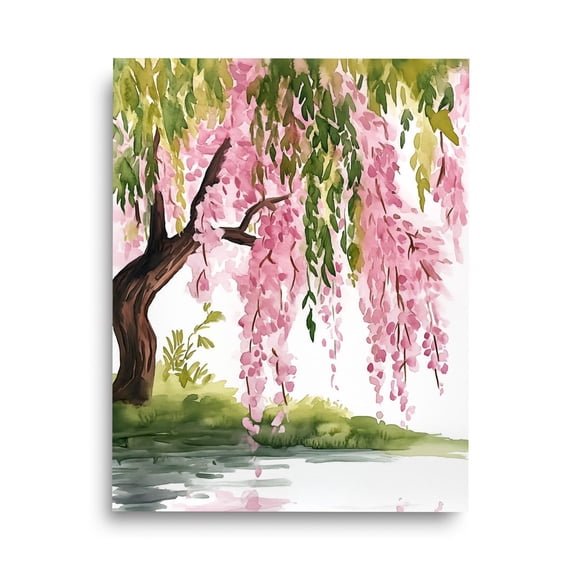 Weeping Cherry Blossom Tree Print, Japanese Garden Wall Art, Botanical Poster, Zen Floral Decor, Over Pond Illustration, Asian Nature Art Home Decor #3878, Unframed Poster Size 8x12