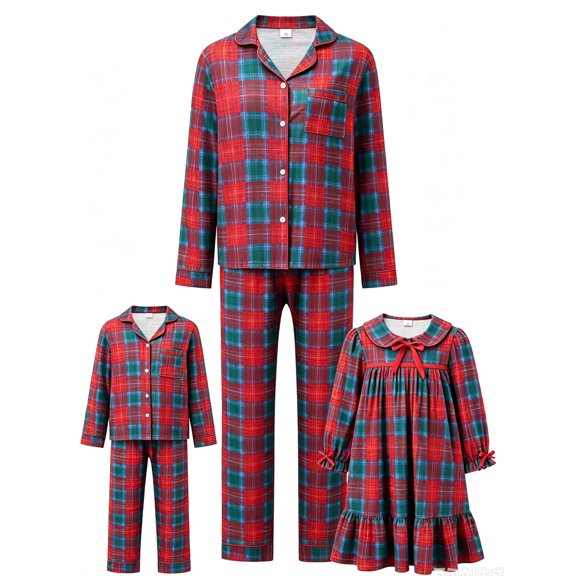 RUINIXCW Mommy and Me Matching Christmas Pajamas Plaid Print Lapel Tops and Pants