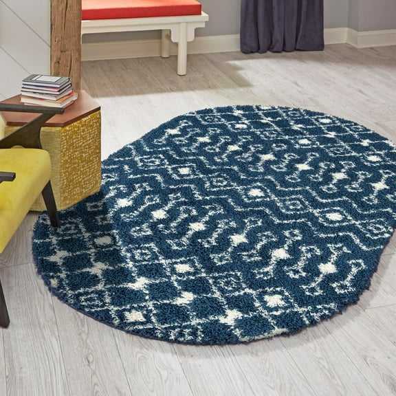 Unique Loom Moroccan Trellis Shag Collection Area Rug - Meknes (3' 1" x 5' 3" Oval Navy Blue/Ivory)