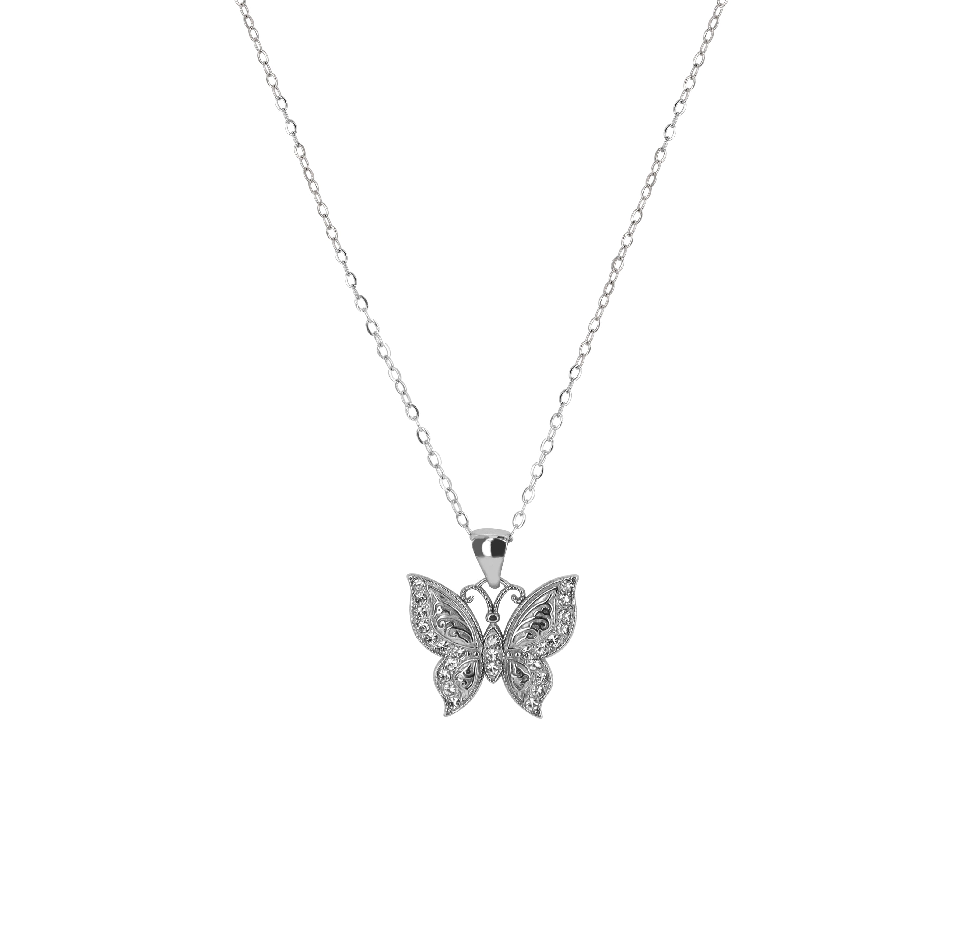 Brilliance Fine Jewelry Sterling Silver Crystal Butterfly Pendant Necklace, 18"