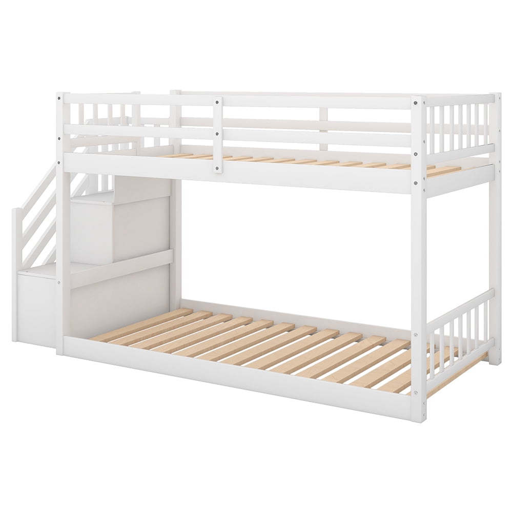 Kadyn Twin over Twin Floor Bunk Bed, Small Space Kids Bed with Storage Stairs, White