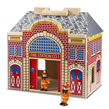 Deluxe Multi-level Wooden Fold & Go Fire Station with 2 Firefighters and 9-piece Furniture Set