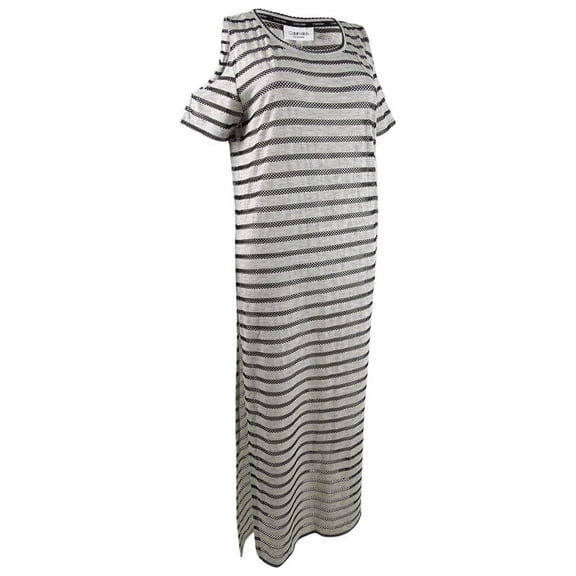 Calvin Klein Women's Crochet Cold-Shoulder Dress Swim Cover-Up(L/XL, Black/Grey)